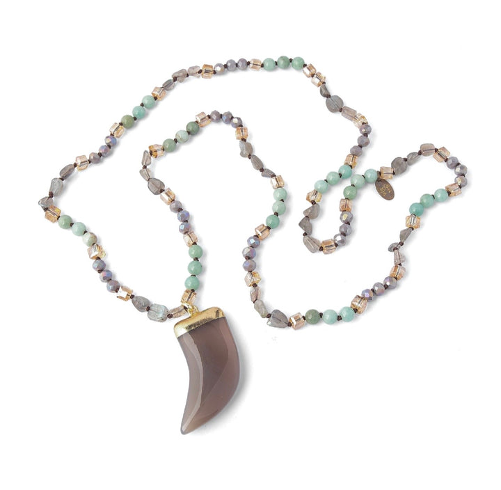 Grey Agate Horn Beaded Boho Necklace