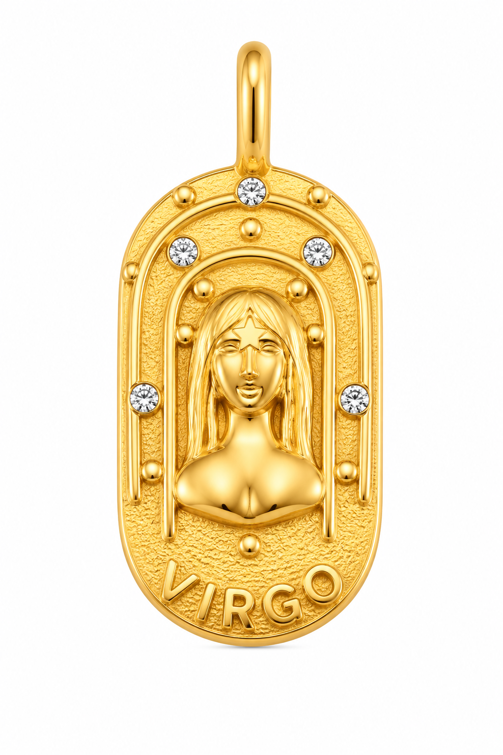 a gold pendant with a woman's face and diamonds