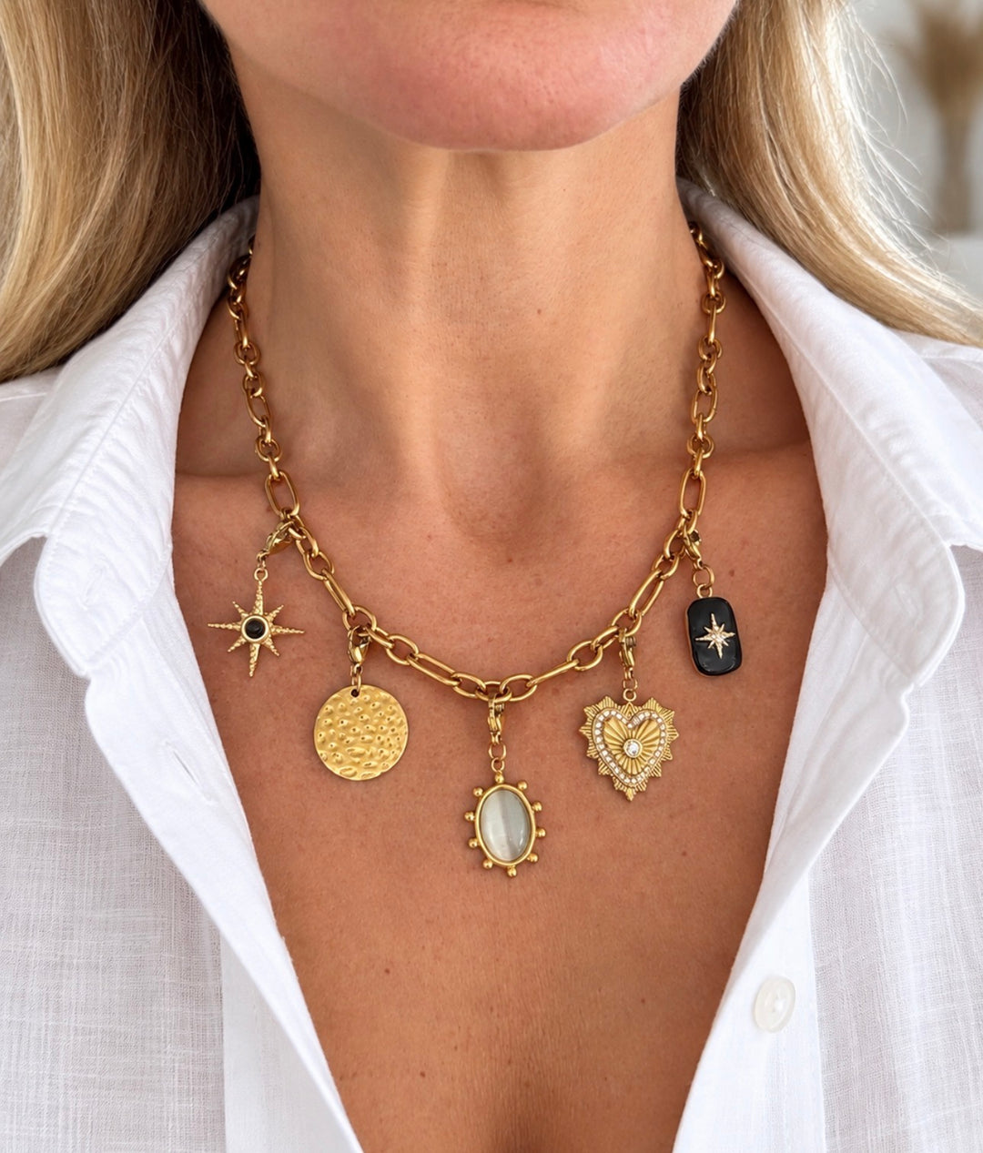 a woman wearing a necklace