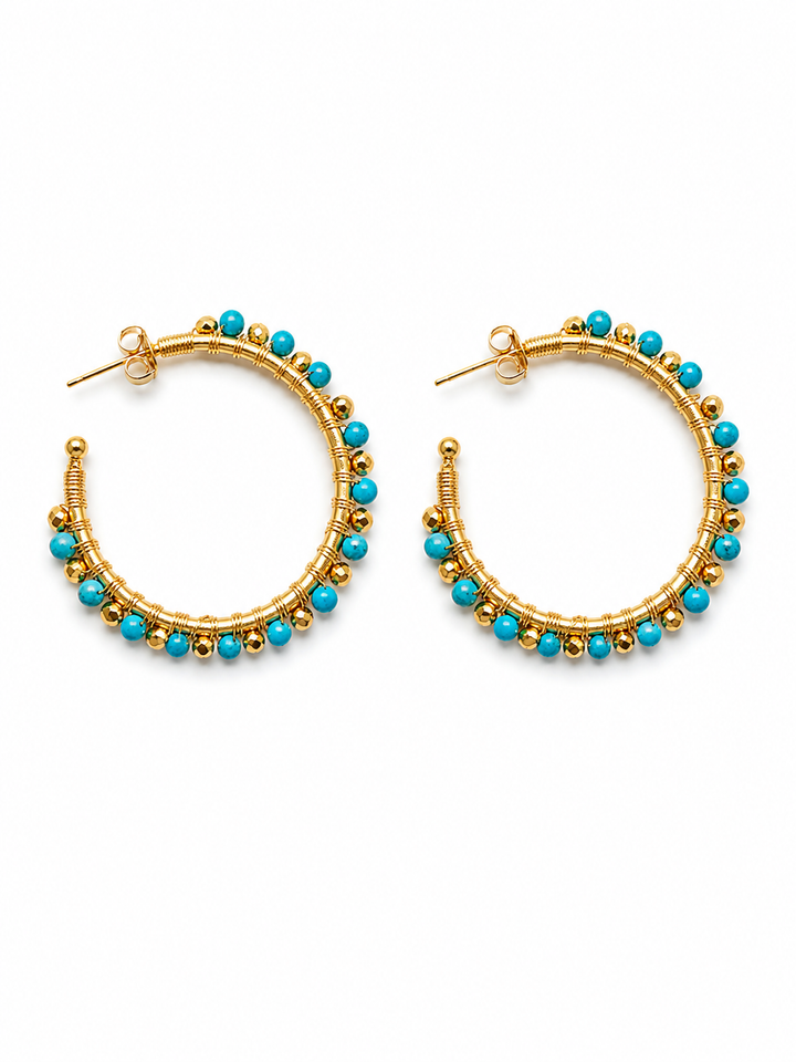Blue Beaded Gold Hoop Earrings