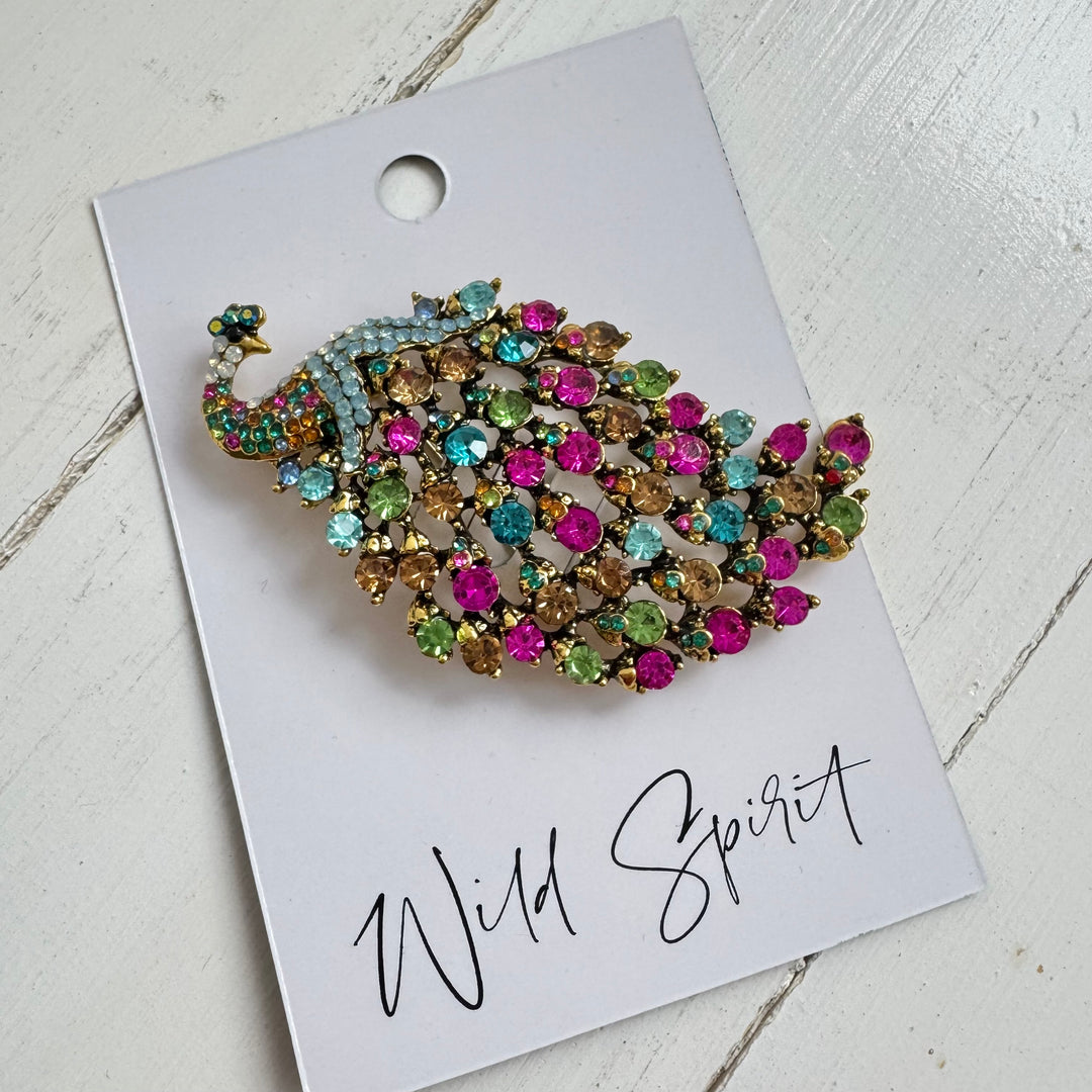Peacock Statement Crystal Brooch Pin - Multicolour