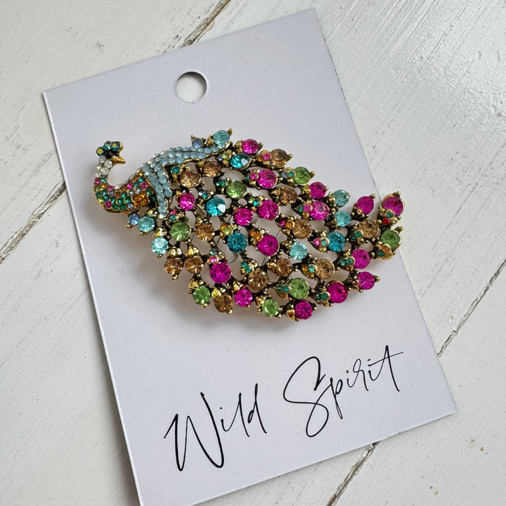 Peacock Statement Crystal Brooch Pin - Multicolour