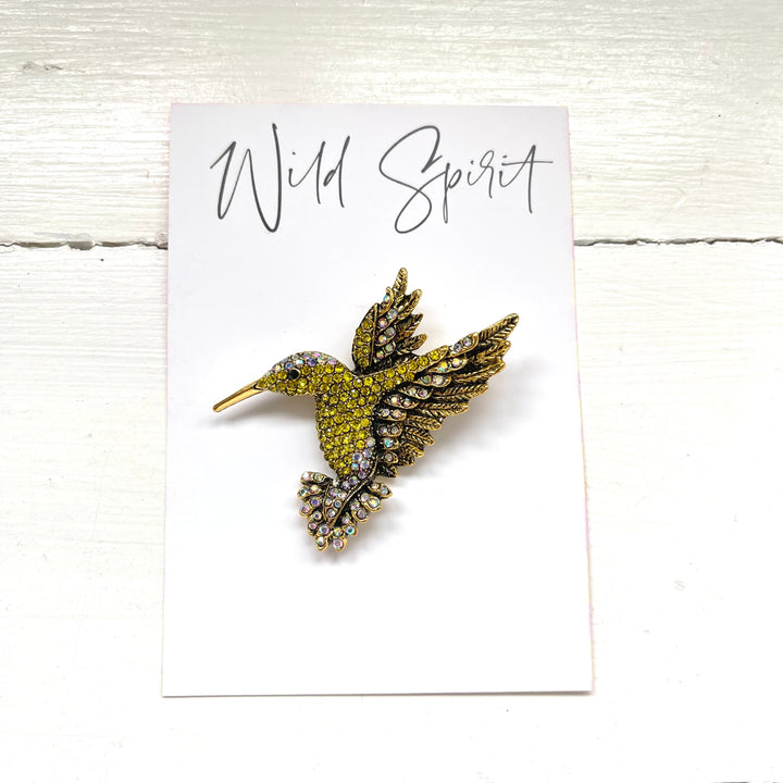 Hummingbird Crystal Brooch Pin - Yellow