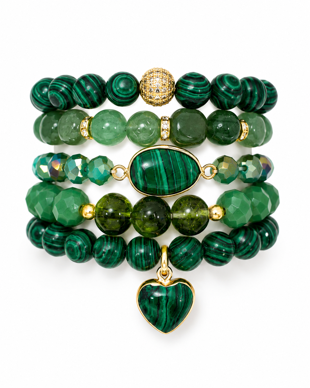 a stack of green beaded bracelets