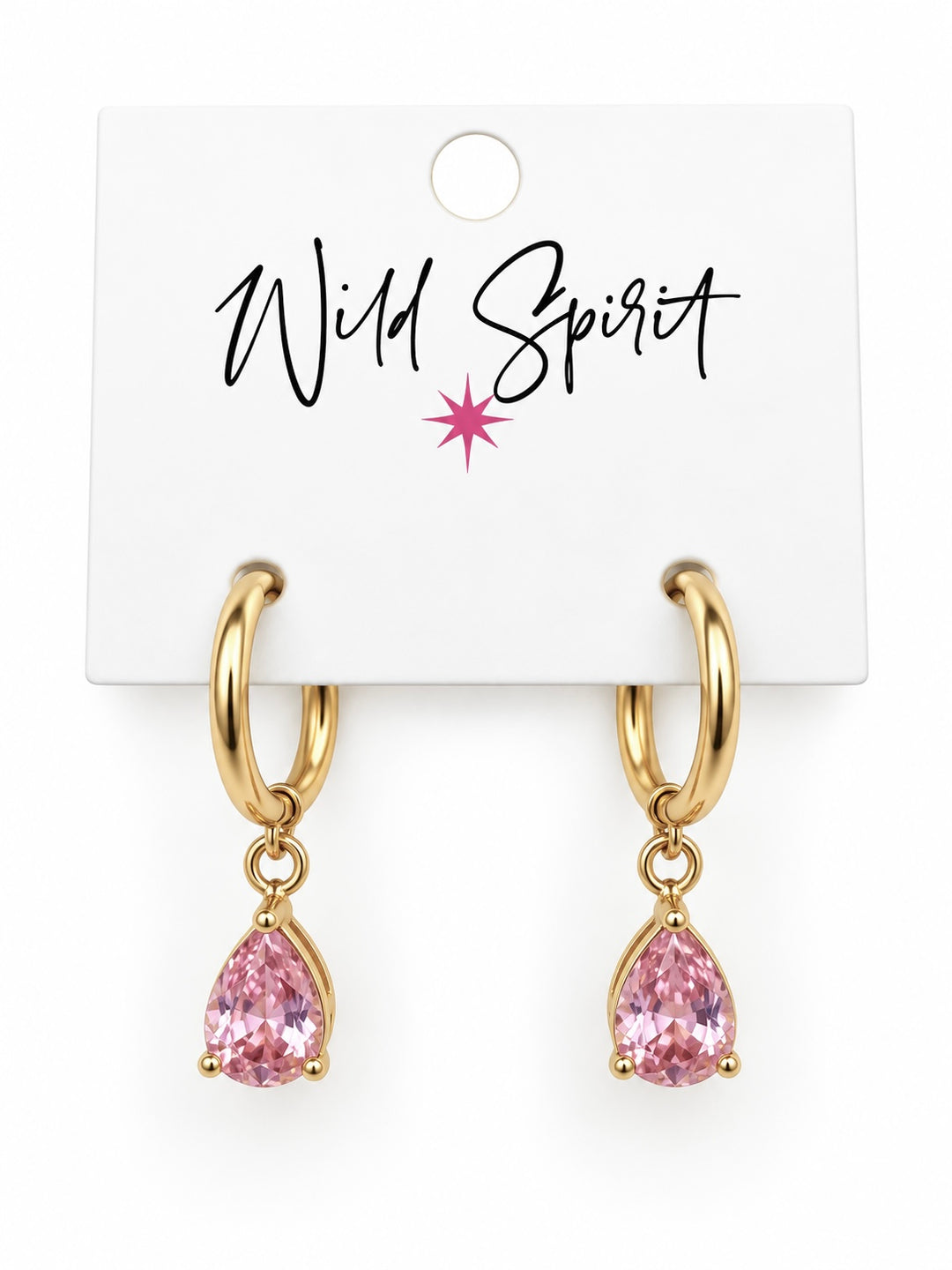 a pair of gold earrings with pink gemstones