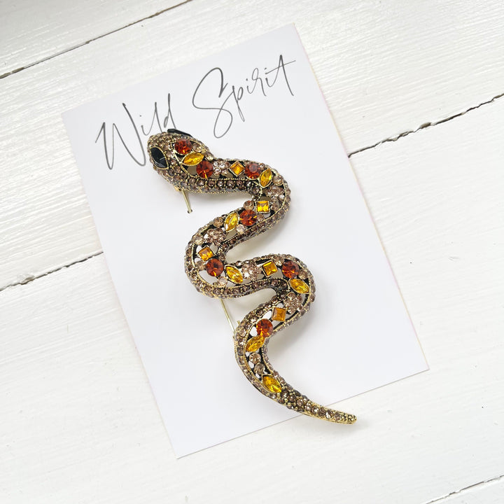 Snake Statement Crystal Brooch Pin - Gold