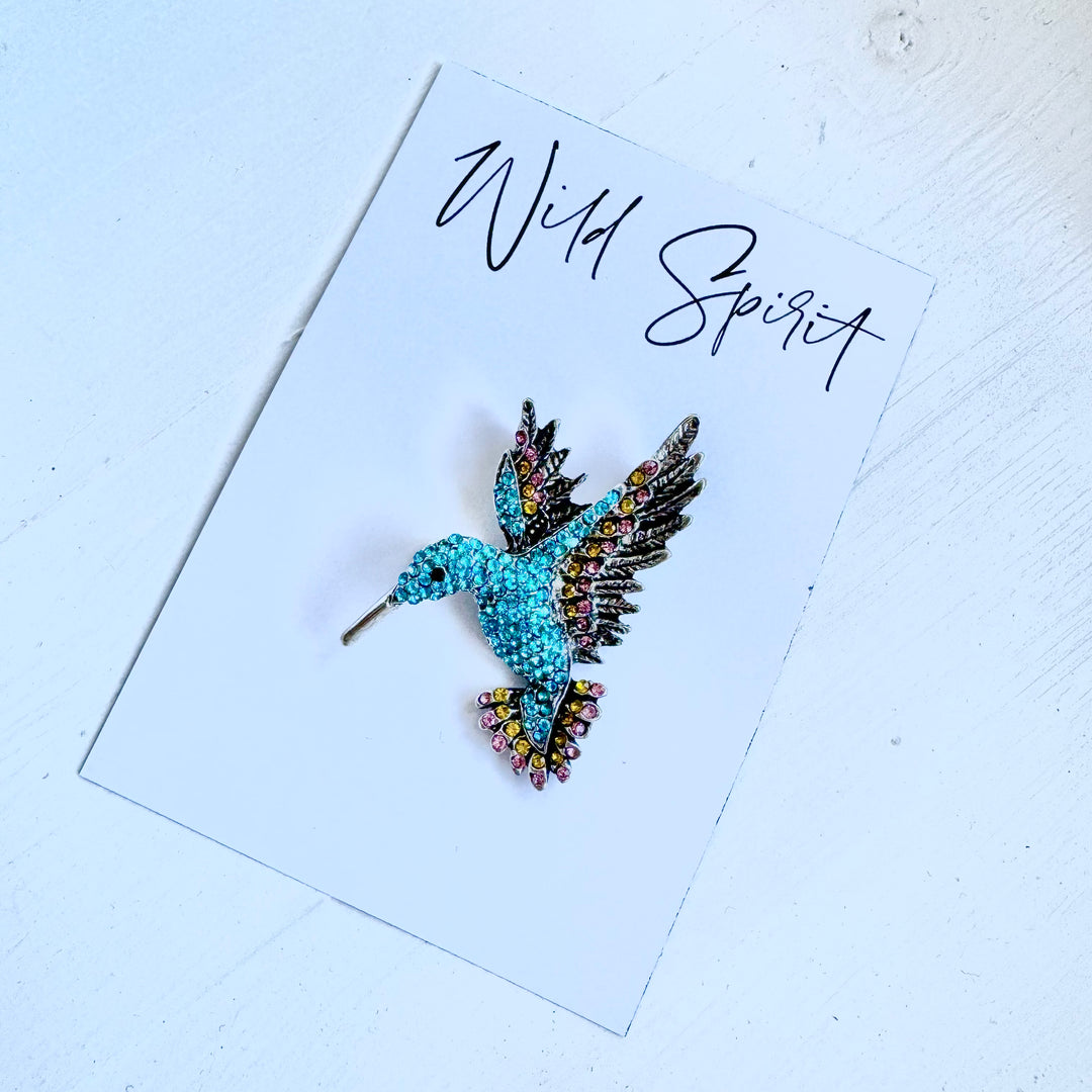 Hummingbird Crystal Brooch Pin - Blue