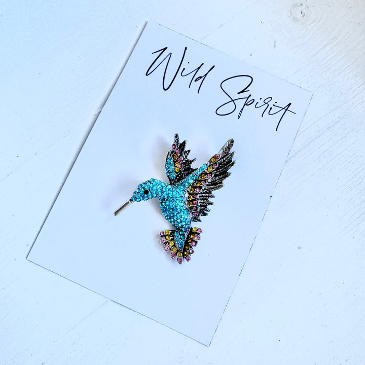 Hummingbird Crystal Brooch Pin - Blue