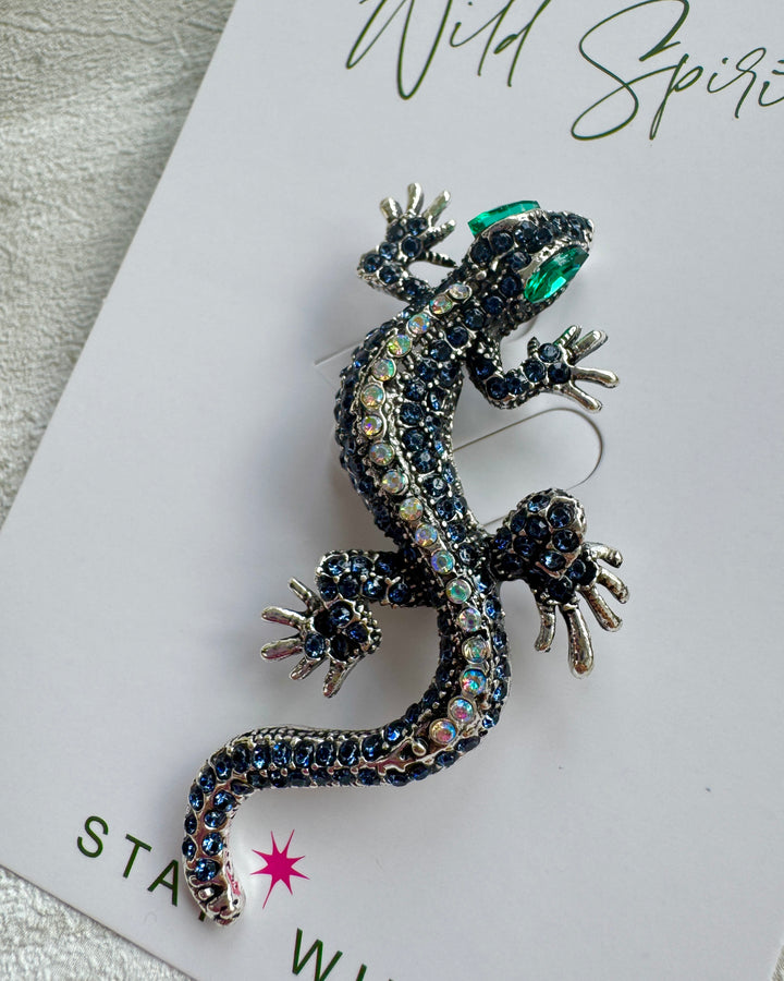 Gecko Statement Crystal Brooch Pin - Navy