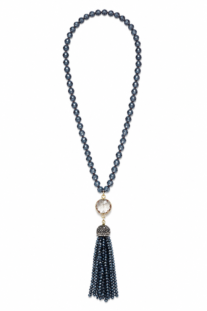 Navy Tassel Beaded Necklace