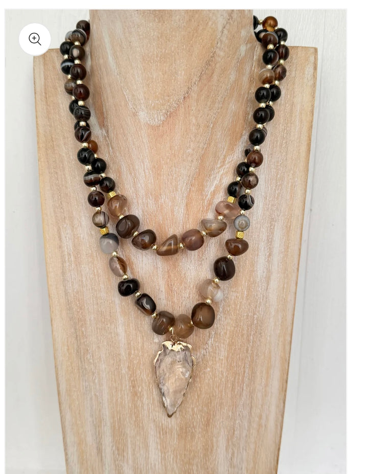Brown Agate Layered Charm Necklace