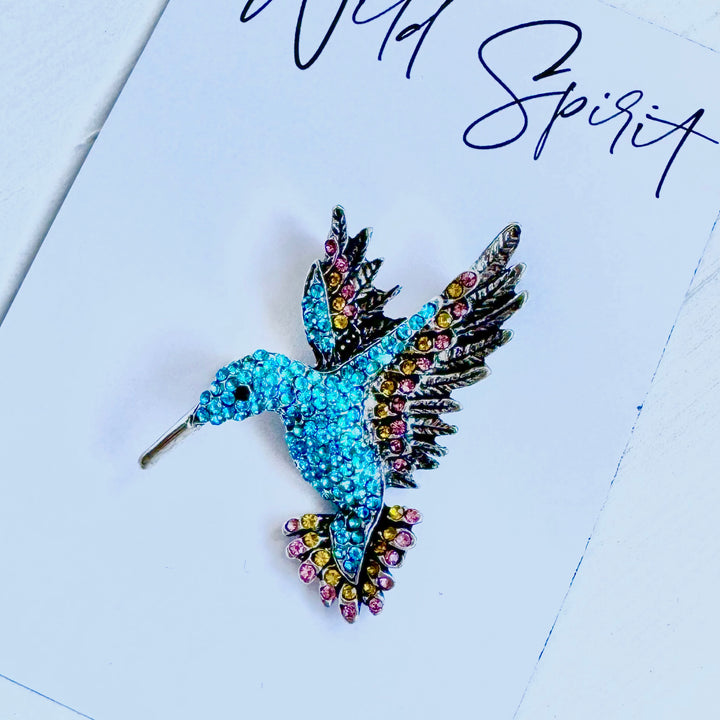 Hummingbird Crystal Brooch Pin - Blue