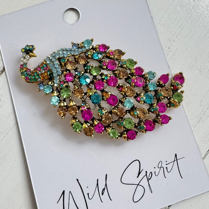 Peacock Statement Crystal Brooch Pin - Multicolour