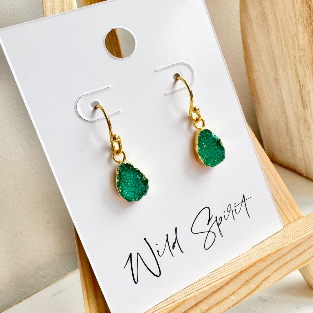 Dainty Gold Plated Green Druzy Drop Earrings
