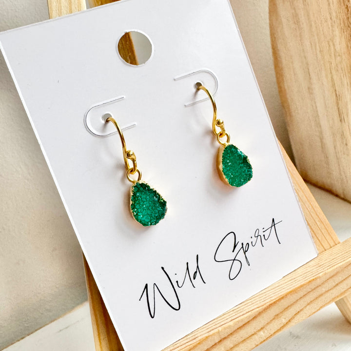 Dainty Gold Plated Green Druzy Drop Earrings
