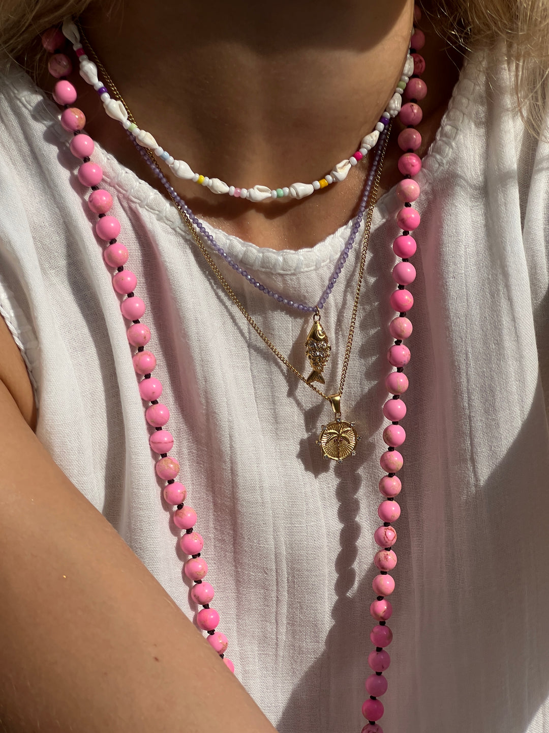 Pink Palm Tree Gold Necklace